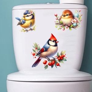 Waterproof PVC wall stickers featuring birds and flowers on a white toilet cistern surface