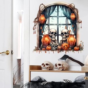 Halloween Wall Sticker 3D Gothic Window Skeleton Pumpkin Lantern Decals Waterproof PVC Home Festival Decor Living Room