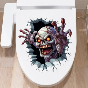 Detailed 3D toilet lid sticker featuring a scary zombie with glowing orange eyes for Halloween