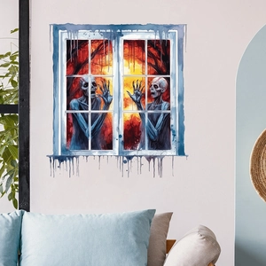 3D Halloween window wall decal featuring scary zombies and eerie forest background decoration