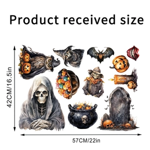 Detailed sheet size for Halloween wall decals featuring pumpkins, ghosts and skulls