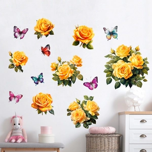 Self-adhesive yellow rose flower and butterfly wall stickers for home decor