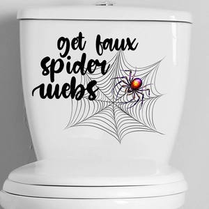 Detail of Halloween toilet sticker with spider web and colorful spider on a white tank