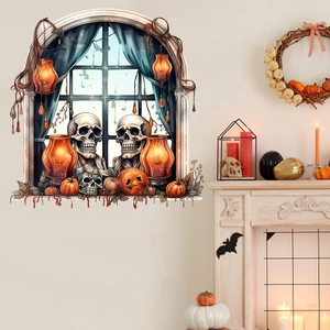 Halloween skull and pumpkin arch window wall decal for gothic home living room decor