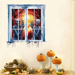 3D Halloween window sticker featuring scary skeletons and ghosts on a beige wall background