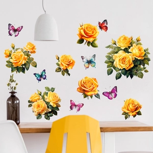 Self-adhesive wall stickers with yellow roses and colorful butterflies for room decor