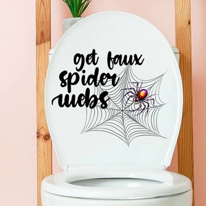 Detail of Halloween toilet sticker featuring a realistic spider and black web design