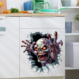 3D zombie skull wall decal shown on a white cabinet for Halloween home decoration