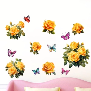 Detailed realistic yellow sunflower and colorful butterflies wall decals on a white wall