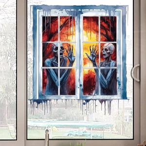 Macro view of a Halloween window sticker with zombies peeking through dark forest trees