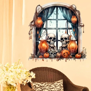 Macro detail of 3D Halloween wall sticker showing skulls and glowing pumpkin lanterns