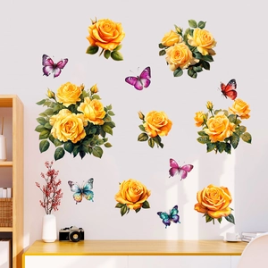 Yellow Rose Butterfly Wall Stickers PVC Waterproof Removable Floral Wall Decal For Living Room Bedroom Home Decoration