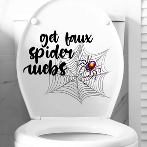 Detail view of Halloween toilet sticker featuring spider web and metallic colorful spider