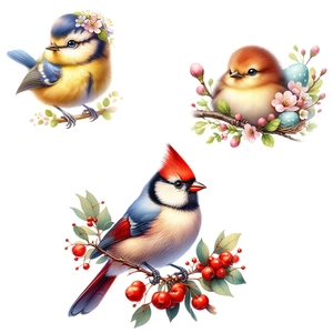 Detailed view of hand-painted bird wall stickers with berries, nests, and floral elements