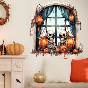 Halloween skeleton pumpkin wall decal with gothic window view and blue curtains