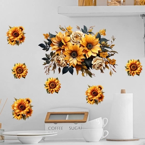 Cuisine avec stickers muraux autocollants de tournesols sur mur blanc et pots de rangement