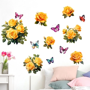 Self-adhesive wall stickers with yellow sunflowers and colorful butterflies in bedroom