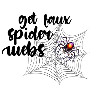 Detail of colorful gradient spider sticker and faux spider webs text for Halloween