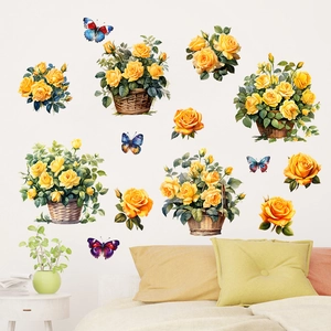 Gelbe Rose Blumenkorb Schmetterling Wandtattoo Abnehmbare PVC Wasserdichte Blumen Wandsticker Für Wohnzimmer Schlafzimmer Deko
