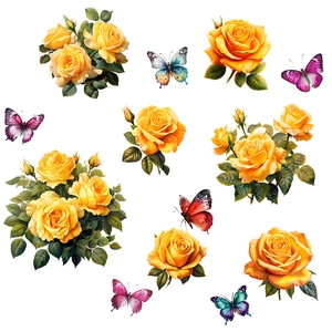 Self-adhesive wall decal with vibrant yellow roses and colorful butterflies on white
