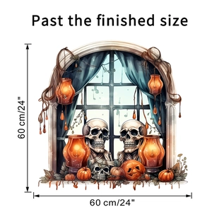 Detail of Halloween window sticker showing skeletons, pumpkins and size markings