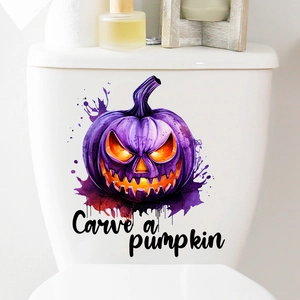 Waterproof Halloween pumpkin sticker on white toilet tank with Carve a Pumpkin text