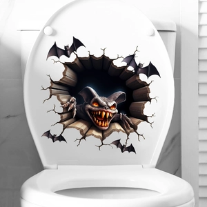 Close-up of 3D Halloween toilet sticker showing a scary bat monster through a hole