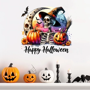Halloween wall sticker featuring skull, pumpkin and bat with Happy Halloween text