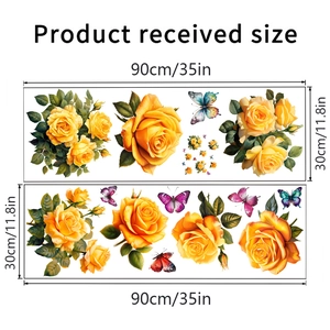 Detailed size chart showing 90x30cm sunflower and butterfly floral wall sticker panels