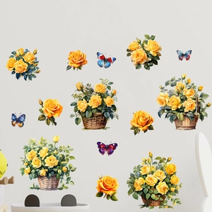 Wandtattoo mit gelben Blumenkörben und bunten Schmetterlingen für Wohnzimmerdekoration