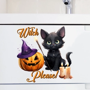 Halloween wall sticker featuring a black cat with a pumpkin lamp and Witch Please text