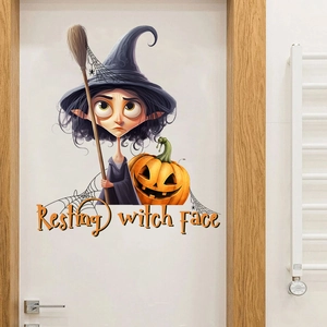 Halloween wall sticker featuring a cartoon witch with broom and pumpkin on a white door