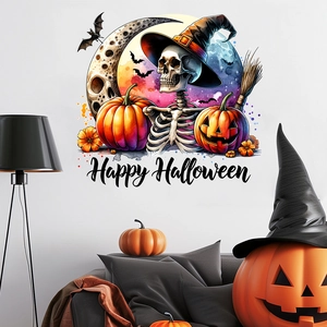 Detailed view of Halloween wall sticker with skull, pumpkin and bat in a living room