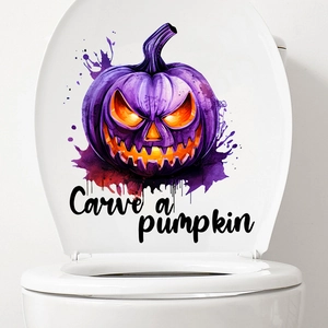 Macro shot of a purple watercolor pumpkin sticker on a white toilet lid for Halloween
