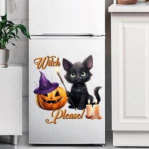 Halloween wall sticker with black cat, pumpkin lantern and Witch Please text on fridge