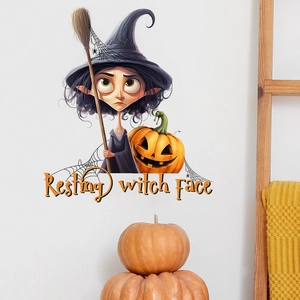 Halloween wall decal featuring a cartoon witch with pumpkin and Resting Witch Face quote