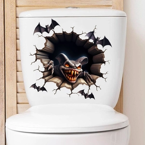 Detailed 3D Halloween toilet sticker showing a scary monster bat emerging from a broken wall