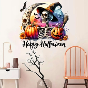 Halloween wall sticker featuring skeleton, pumpkins, and moon for home decoration