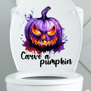 Halloween purple pumpkin toilet sticker with 'Carve a pumpkin' text on white cover