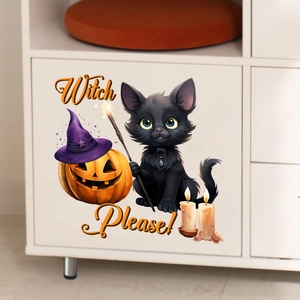 Halloween wall sticker with pumpkin cat and Witch Please text on white cabinet door
