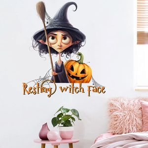 Halloween wall sticker with cute witch pumpkin and Resting Witch Face quote for home decor