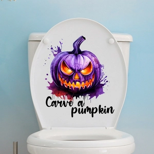 Watercolor Jack-o-lantern toilet sticker with Carve a pumpkin text for Halloween