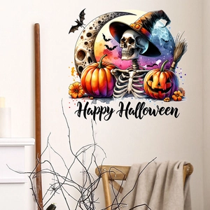 Halloween wall sticker featuring a skull with wizard hat, pumpkins, and bats on a white wall