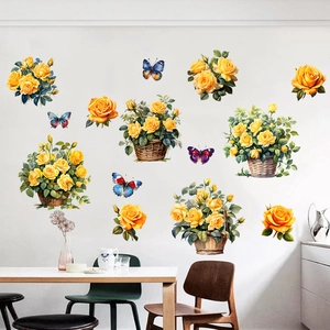 Selbstklebende Wandtattoos mit gelben Blumenkörben und Schmetterlingen fürs Wohnzimmer