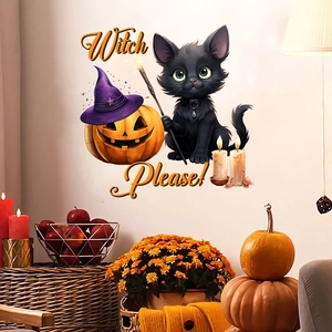 Halloween wall sticker with cute black cat, pumpkin lantern and Witch Please text decor
