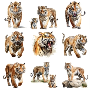 Nine fierce tiger waterproof wall stickers showing various powerful poses and cubs