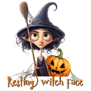Halloween wall sticker with cartoon witch, pumpkin and Resting Witch Face text