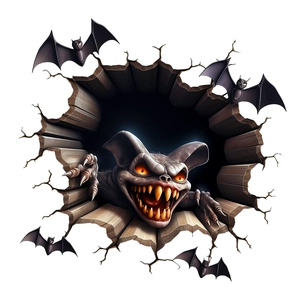 Detailed view of scary monster escaping from wood wall with bats Halloween sticker