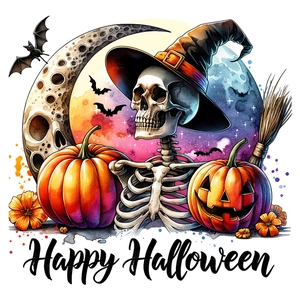 Halloween wall sticker with skeleton in wizard hat, pumpkins and bats on white background