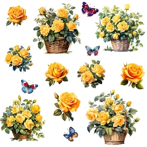 Selbstklebende Wandtattoo mit gelben Rosenkörben und Schmetterlingen für Wohnzimmerdeko
